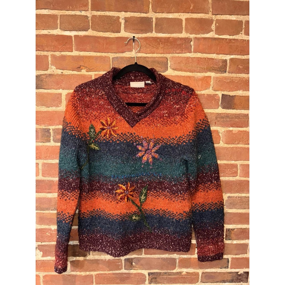 Croft & Barrow V-Neck‎ Sweater Orange Red Floral Knit Pullover